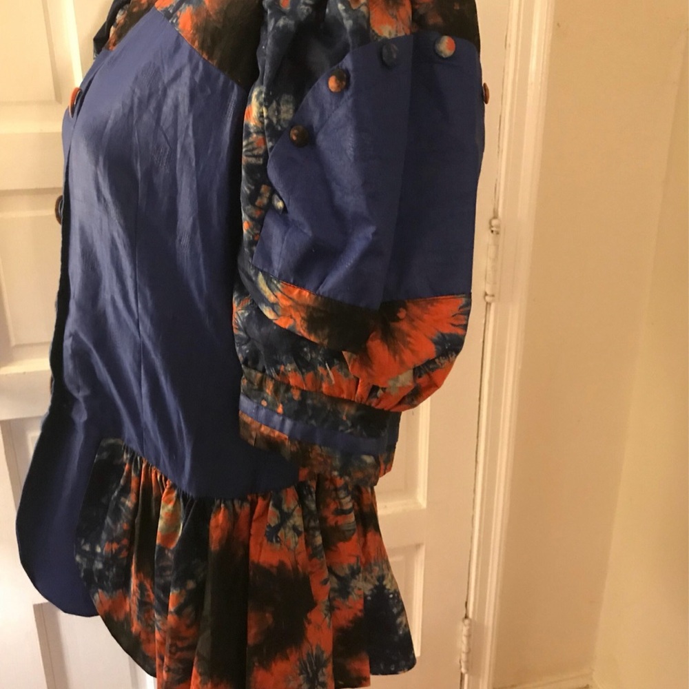 Handmade Blue and Orange Puff Sleeve Peplum Blouse - Picture 3 of 5